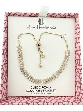 House of Harlow 1960 Gold Tone Cubic Zirconia Baguette Slider Bracelet
